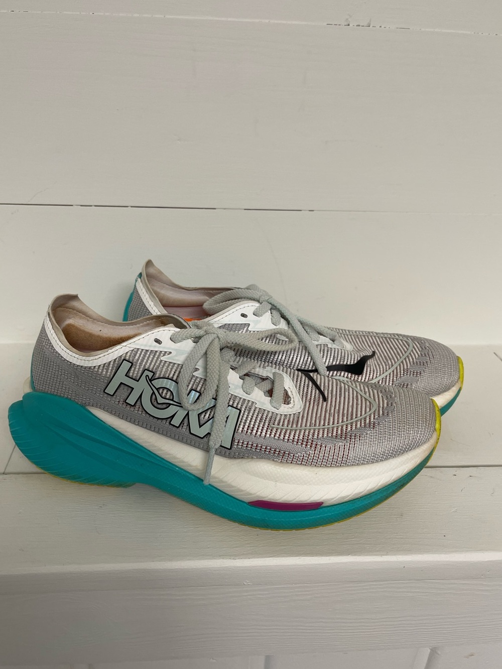 HOKA Mach X 2 Women’s Gray Teal Yellow Running Shoes Sneakers Performance